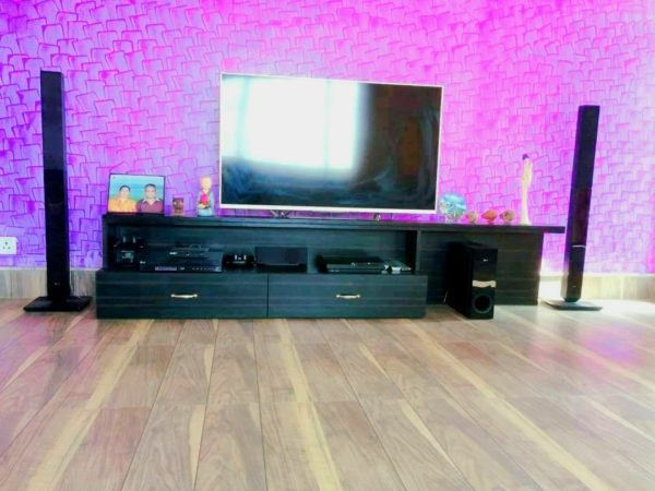 Modern Black TV Cabinet with Storage Drawers and Side Racks