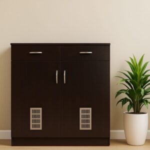 Brown Laminate Pasted Shoes Rack With 3 Compartments & 2 Drawers