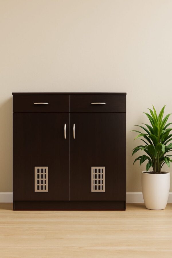 Brown Laminate Pasted Shoes Rack With 3 Compartments & 2 Drawers